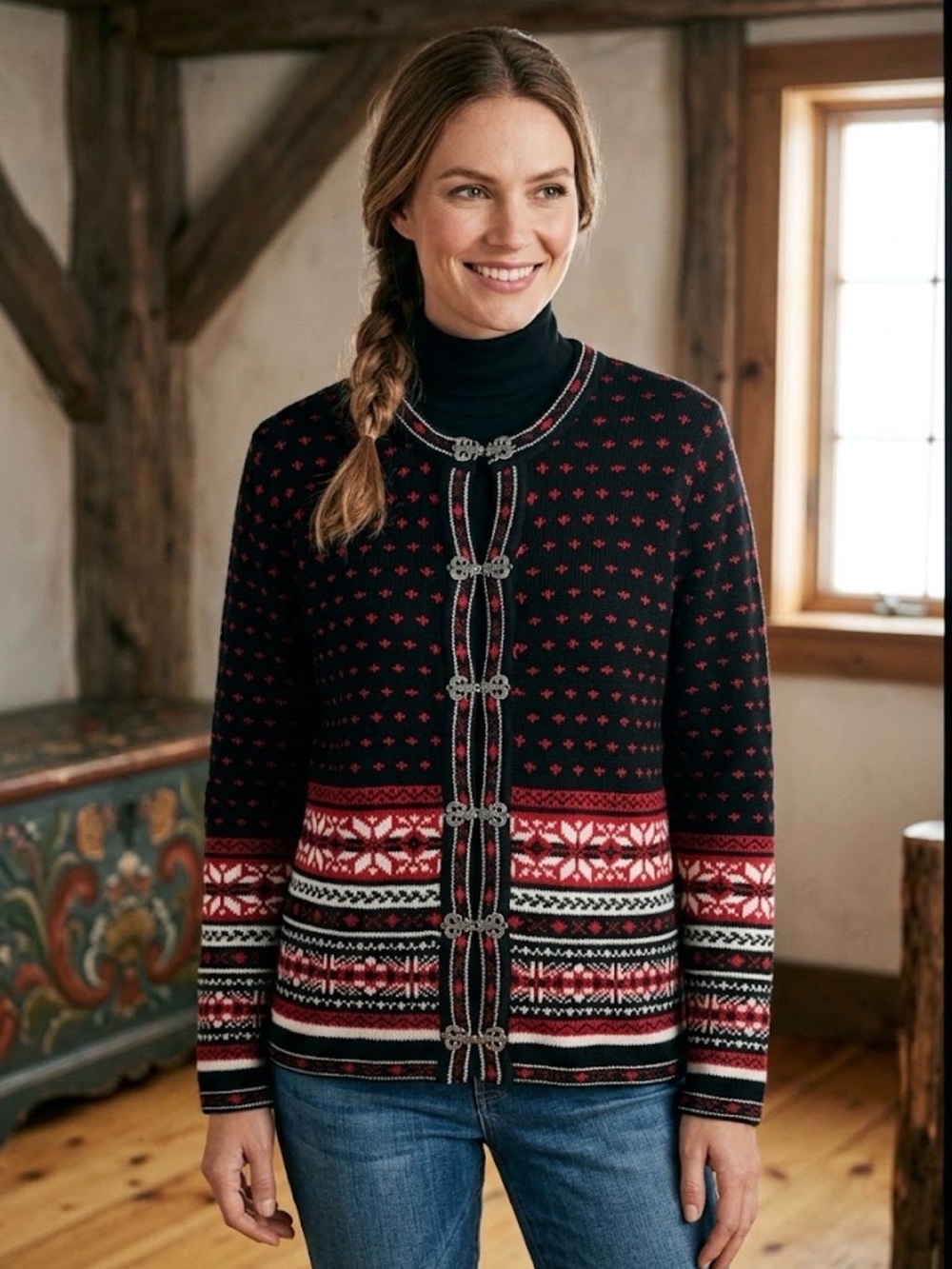 Croft & Barrow Nordic Fair Isle Pewter Clasps Red Black White Apres Cardigan XL